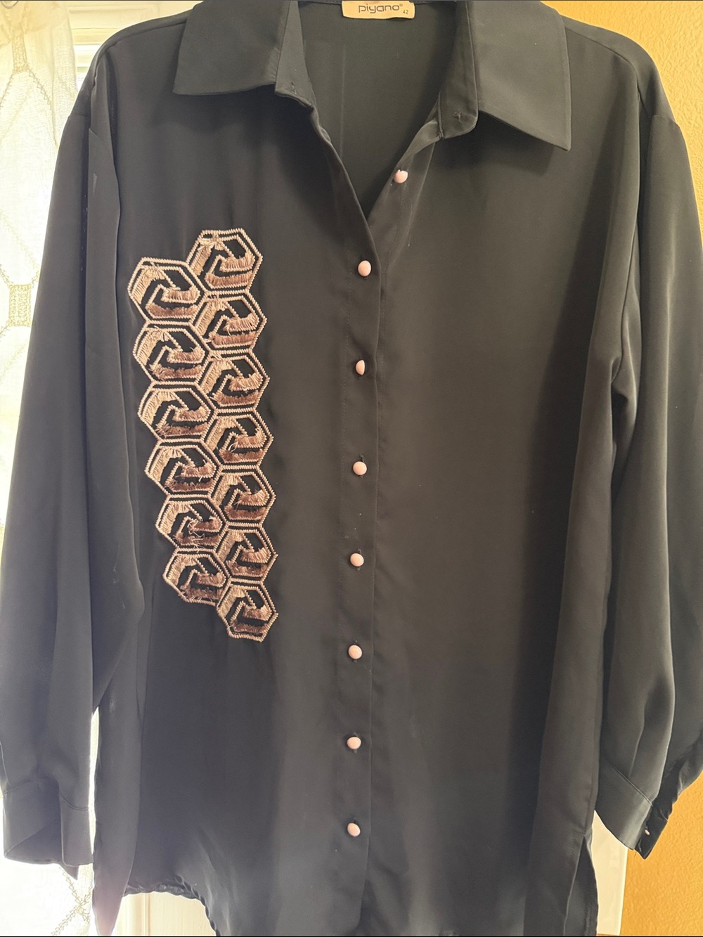 Black Men's Button-Down Shirt with Geometric Embroidery